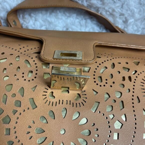 Bloom Theory Camera bag  tan synthetic leather laser cut metallic gold layer. - Picture 5 of 14